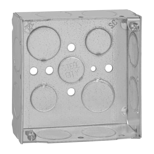 Thomas & Betts Co - Steel City 52151-3/4-W 4" Steel Square Box, 1-1/2" Deep, 21 cu.in. w/ 3/4" & 1/2" KOs