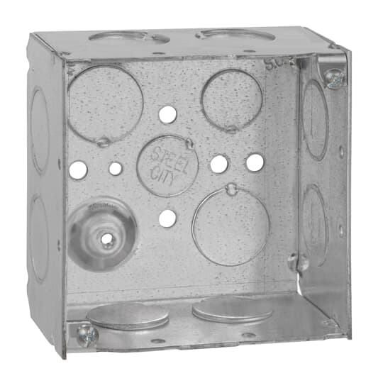 Thomas & Betts Co - Steel-City 52171-3/4 4" Steel Square Box, 2-1/8" Deep, 30.3 cu.in. w/ 3/4" & 1/2" Eccentric KOs and Ground Bump