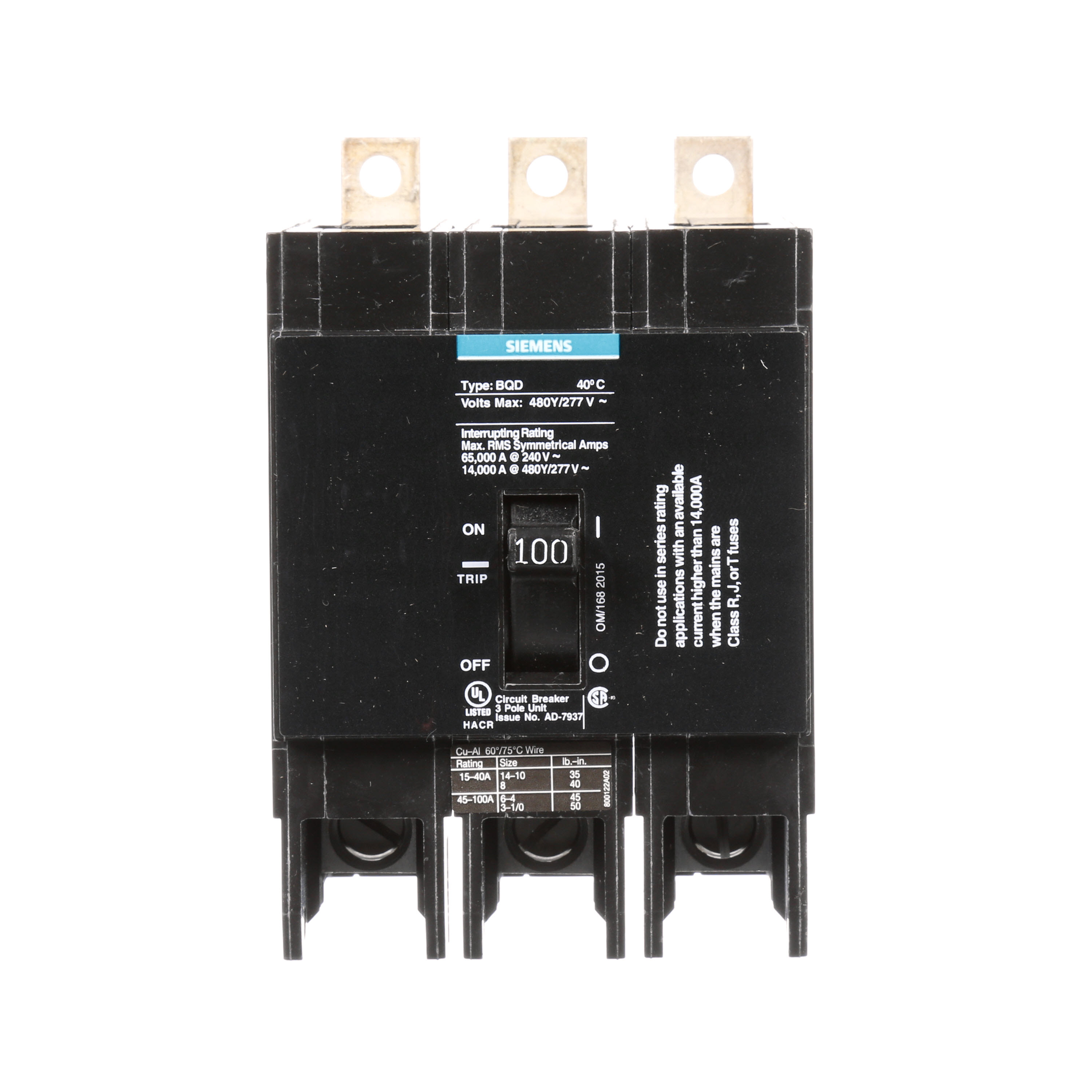 Siemens - Siemens BQD3100 3-Pole 100 Amp 480 VAC 14 kA Circuit Breaker
