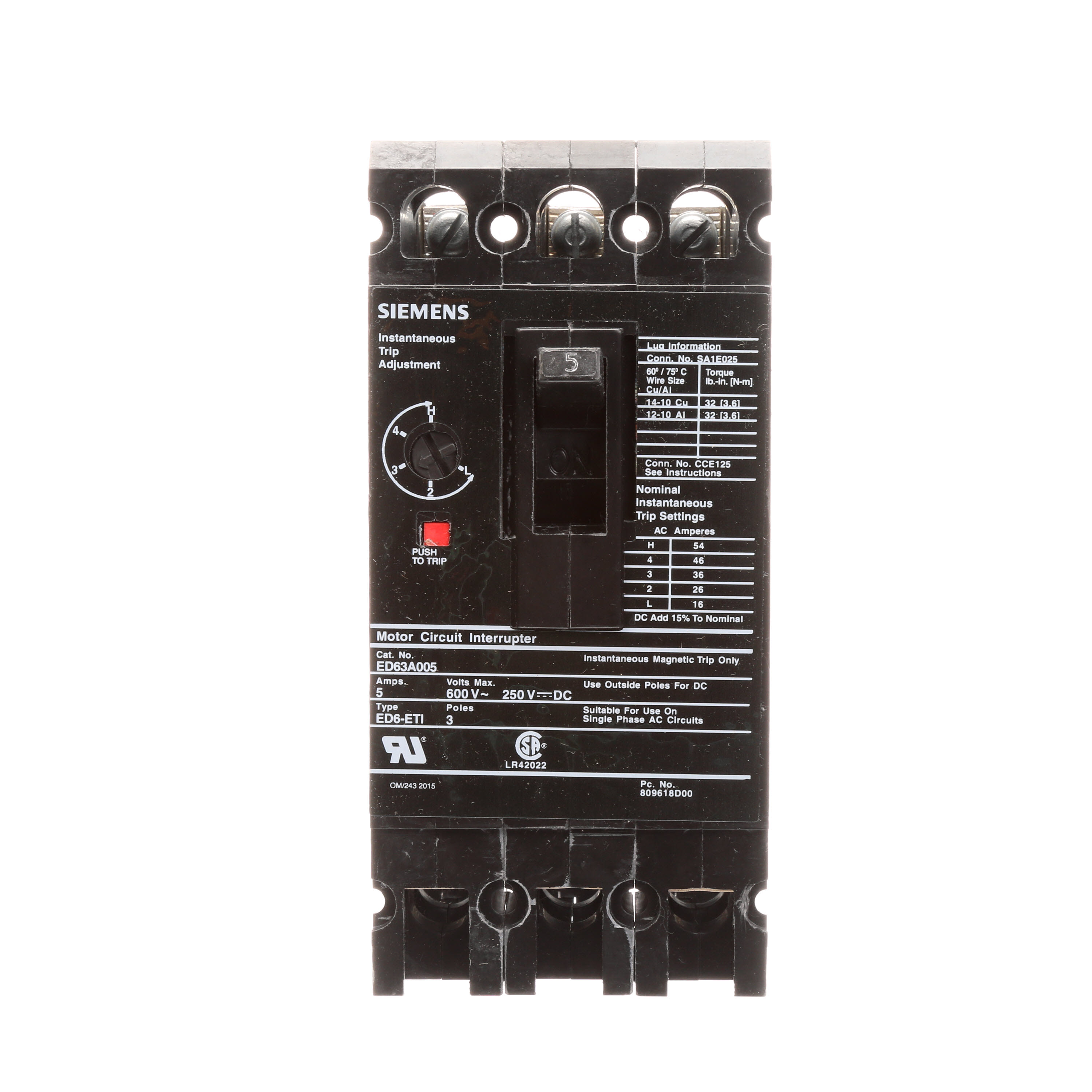 Siemens - Siemens ED63A005 LUGS-ETI 600 Volt 5 Amp 3-Pole ED-Frame Circuit Breaker