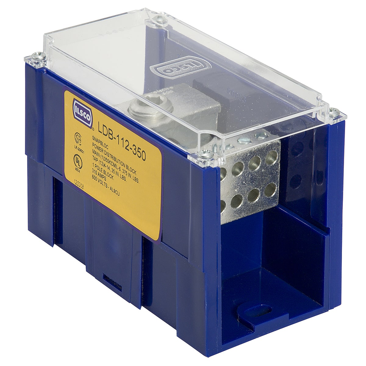 Ilsco - Ilsco LDB-11-500 Snapbloc Power Distribution Block, Modular Design, Dual Rated, Line Conductor Range 500-4, Load Range 500-4, 1 Port Per Pole Line Side, 1 Port Per Pole Load Side, 1 Pole, UL, CSA, Includes Cover