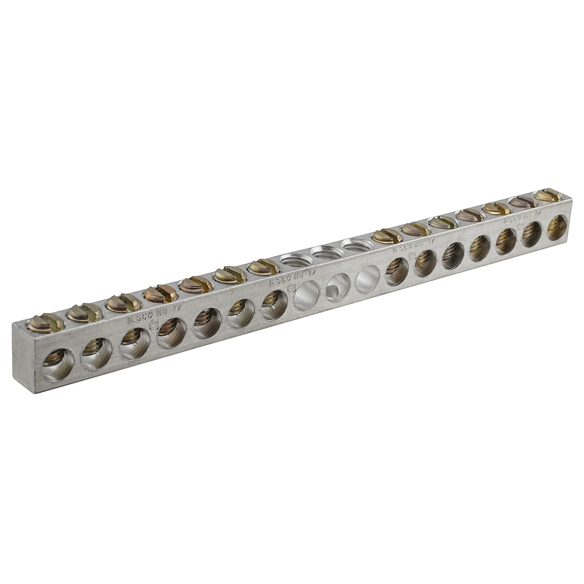 Ilsco - Ilsco NBAS-008-2-A Aluminum Neutral Bar, Dual Rated, Conductor Range 4-14, 8 Ports, 2 Holes, #10 Bolt, Headed Slot Drive, UL, CSA