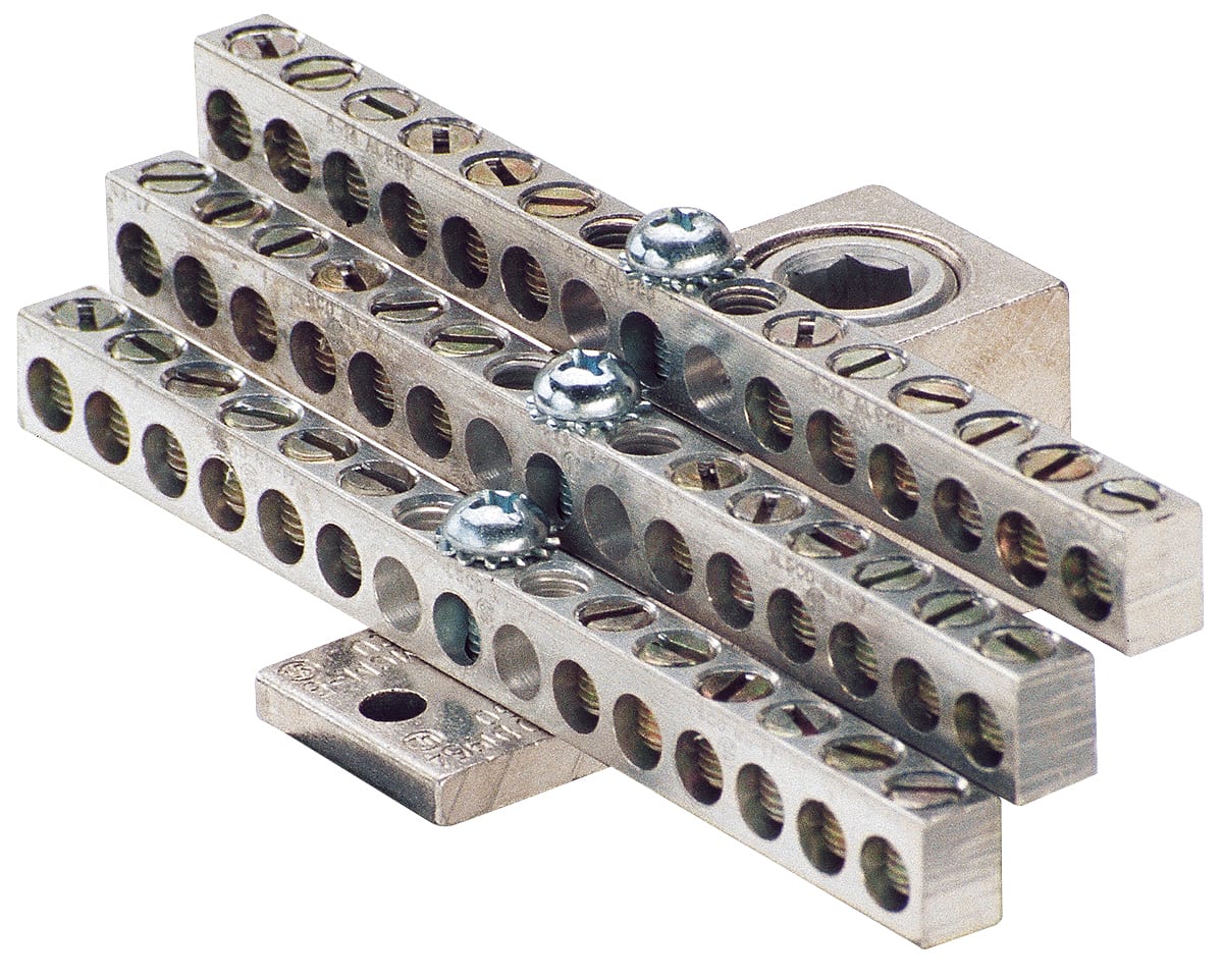 Ilsco - Ilsco NB-350-30 Aluminum Neutral Bar, Dual Rated, Main Conductor Range 350-6, Tap Range 4-14, 30 Tap Ports, 2 Holes, #10-32 Bolt, Tin Plated, UL, CSA