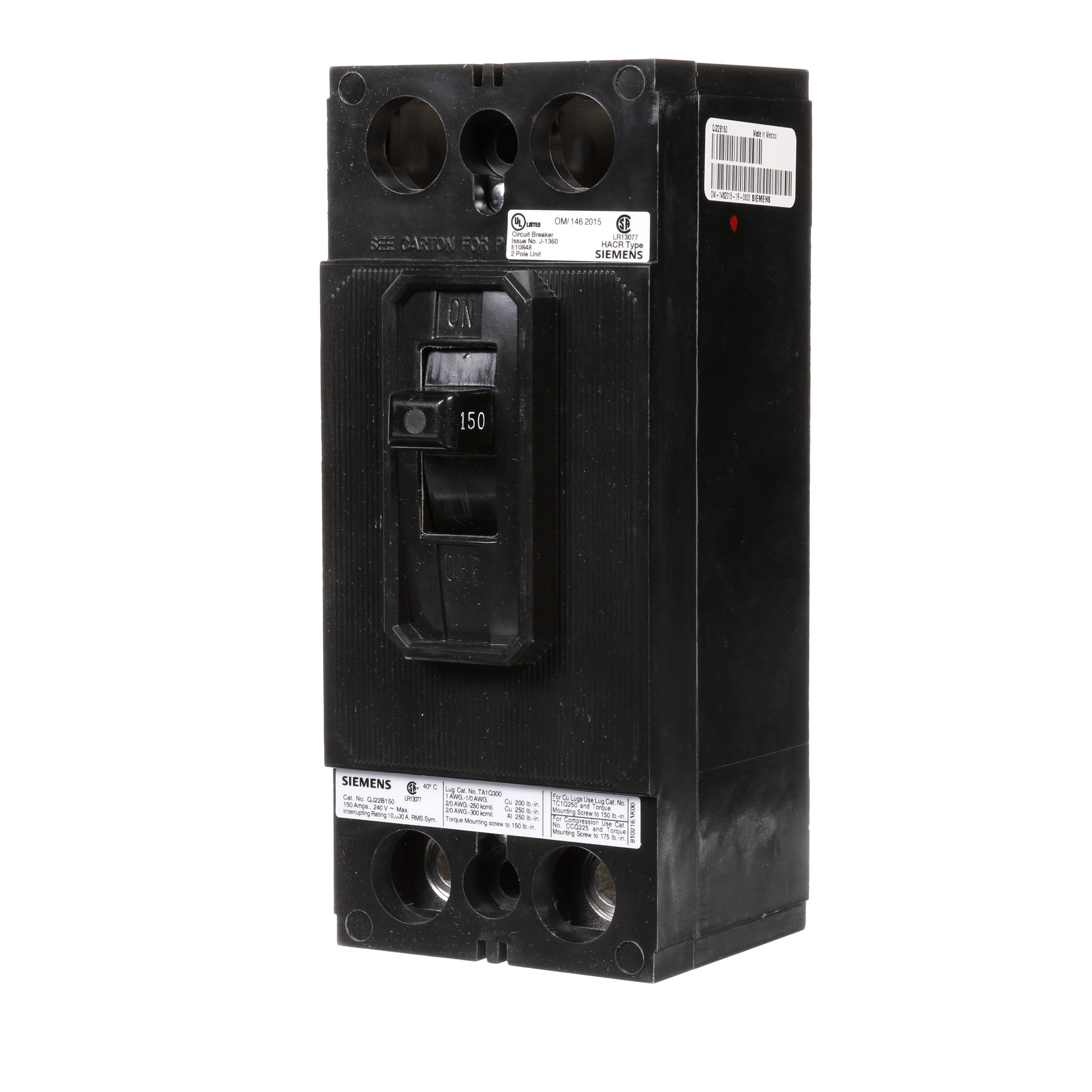 Siemens - Siemens QJ22B150 2-Pole 150 Amp 240 Volt 10 kA Circuit Breaker