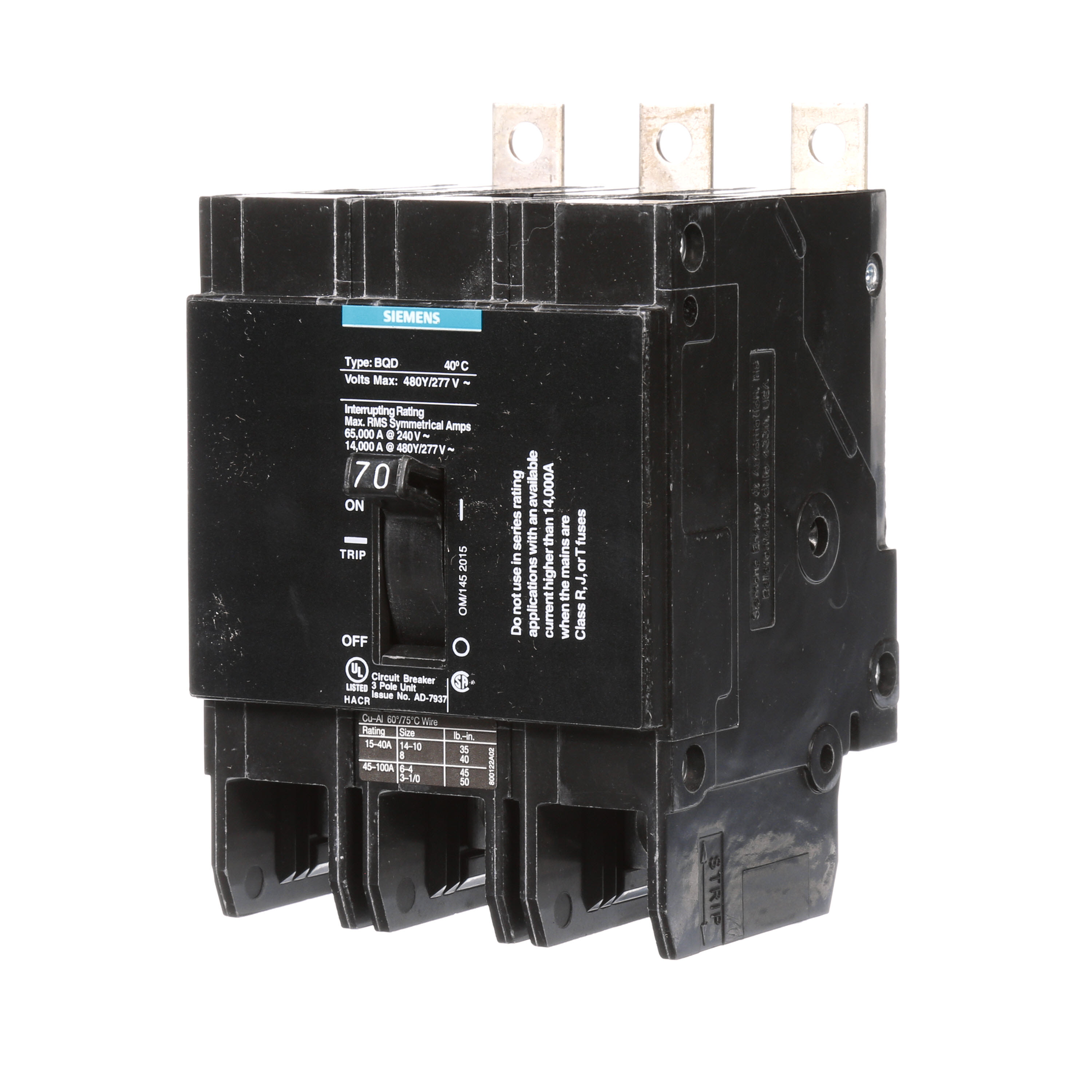 Siemens - Siemens BQD370 3-Pole 70 Amp 480 VAC 14 kA Molded Case Circuit Breaker