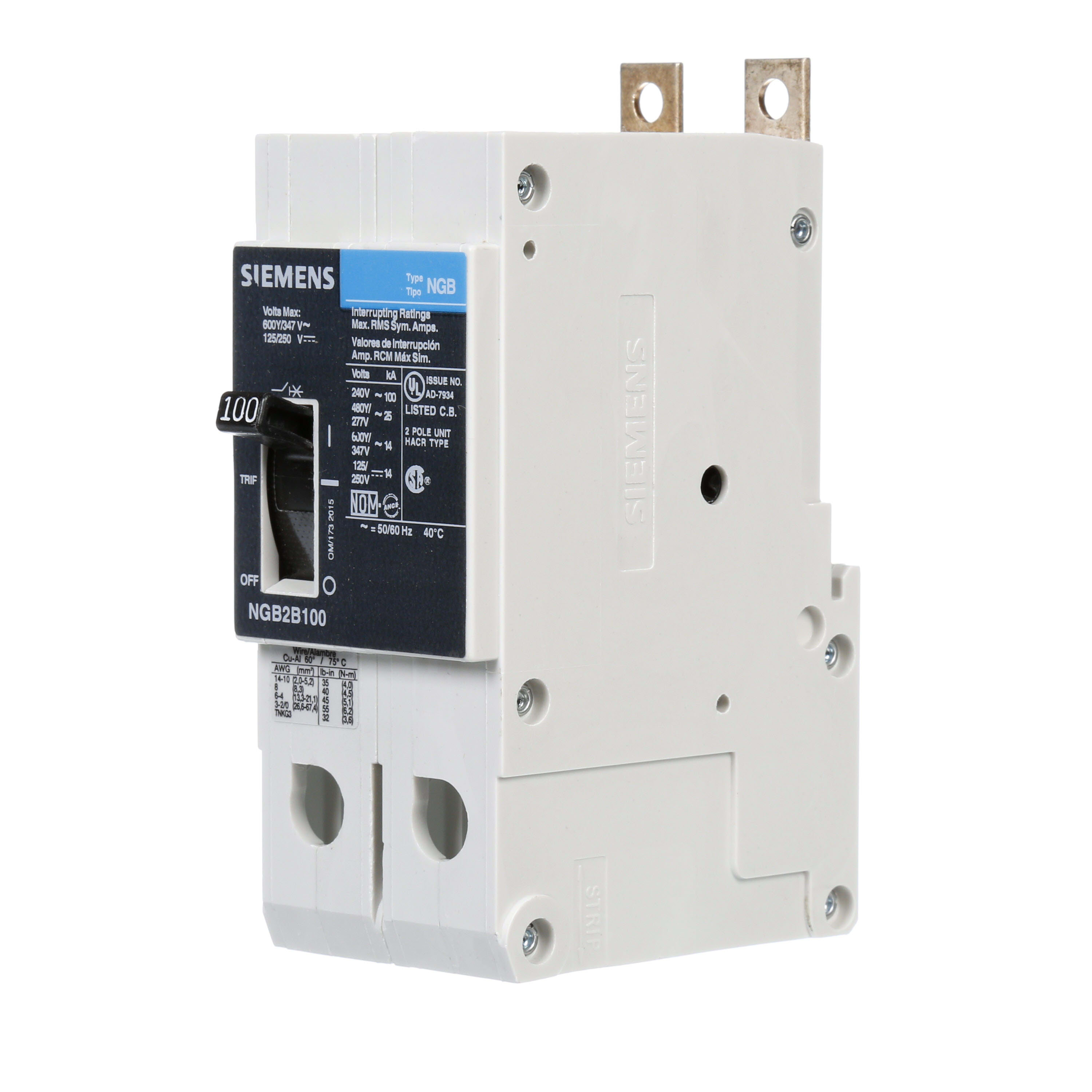 Siemens - Siemens NGB2B100B 100 Amp 14 kA 600 Volt 2-Pole Type NGB Molded Case Circuit Breaker with Load Lug