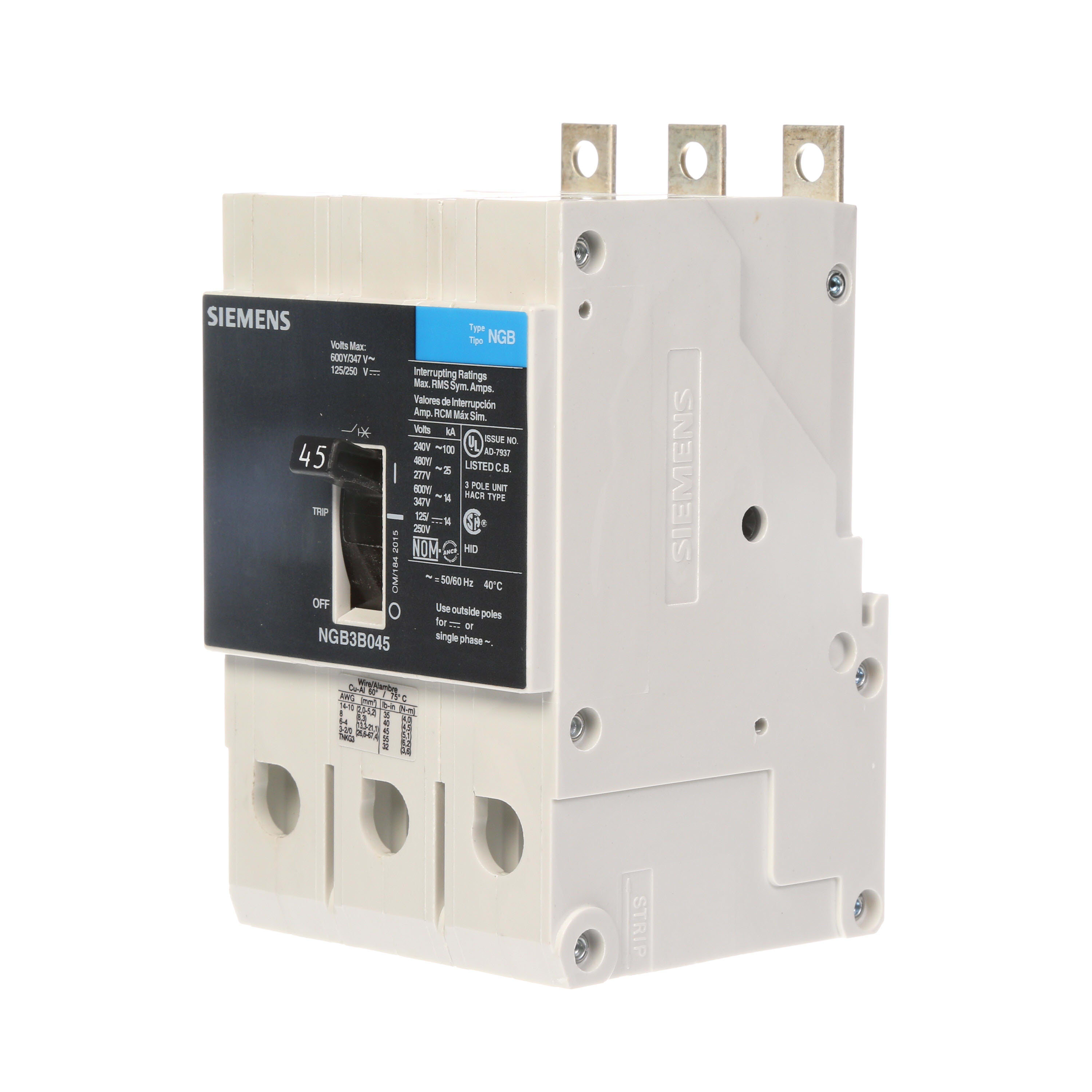 Siemens - Siemens NGB3B045B 45 Amp 14 kA 600 Volt 3-Pole Type NGB Molded Case Circuit Breaker with Load Lug