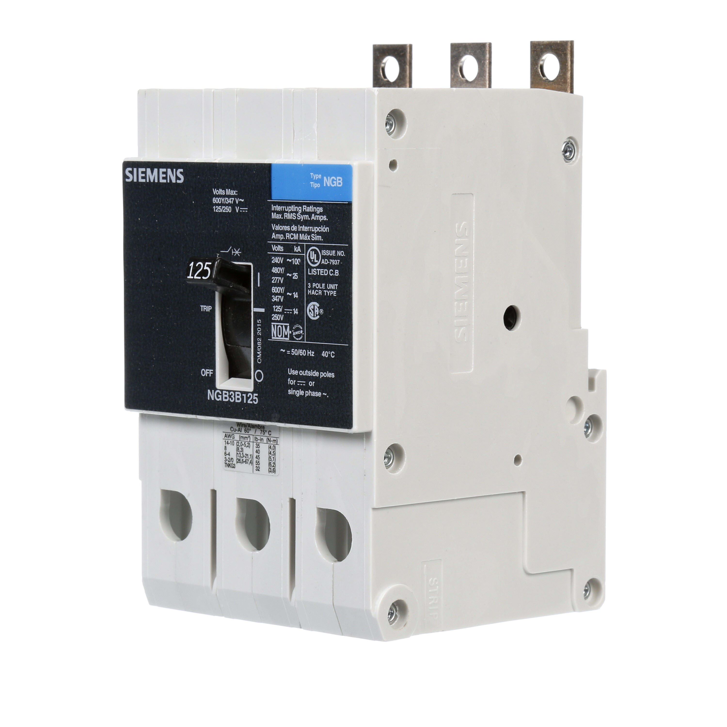 Siemens - Siemens NGB3B125B 3-Pole 125 Amp 600 Volt 14 kA Molded Case Circuit Breaker
