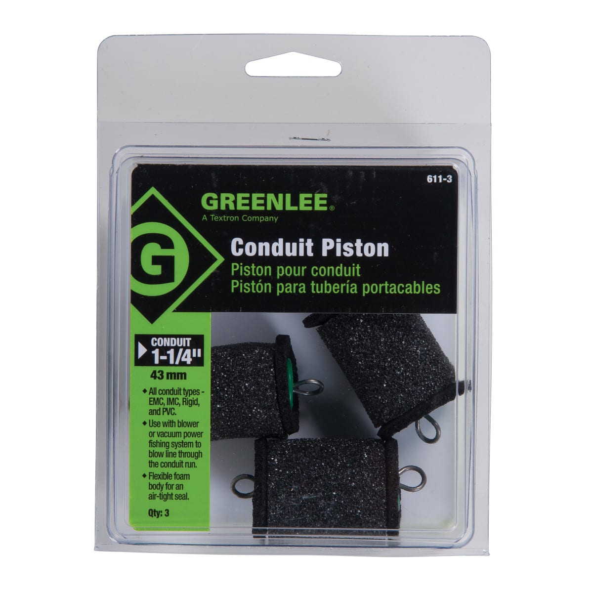 Greenlee Textron - Greenlee 611-3 1-1/4" Green Flexible Foam Rigid/EMT/IMC Blower or Vacuum Conduit Piston