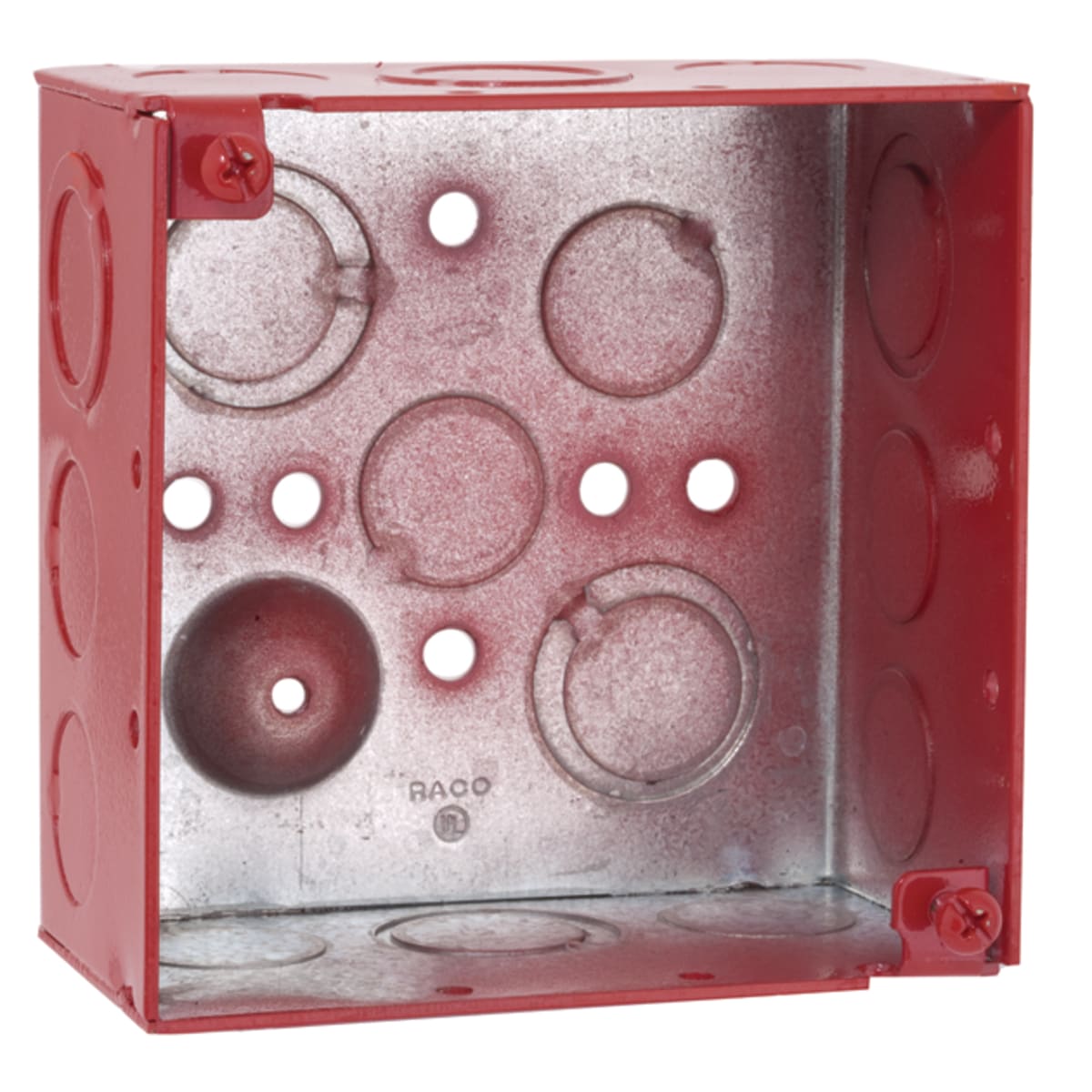 Raco Manufacturing - Raco 911-3 4" Square Box, 2-1/8" Deep, Painted Red, 1/2" & 3/4" Side Knockouts, Welded