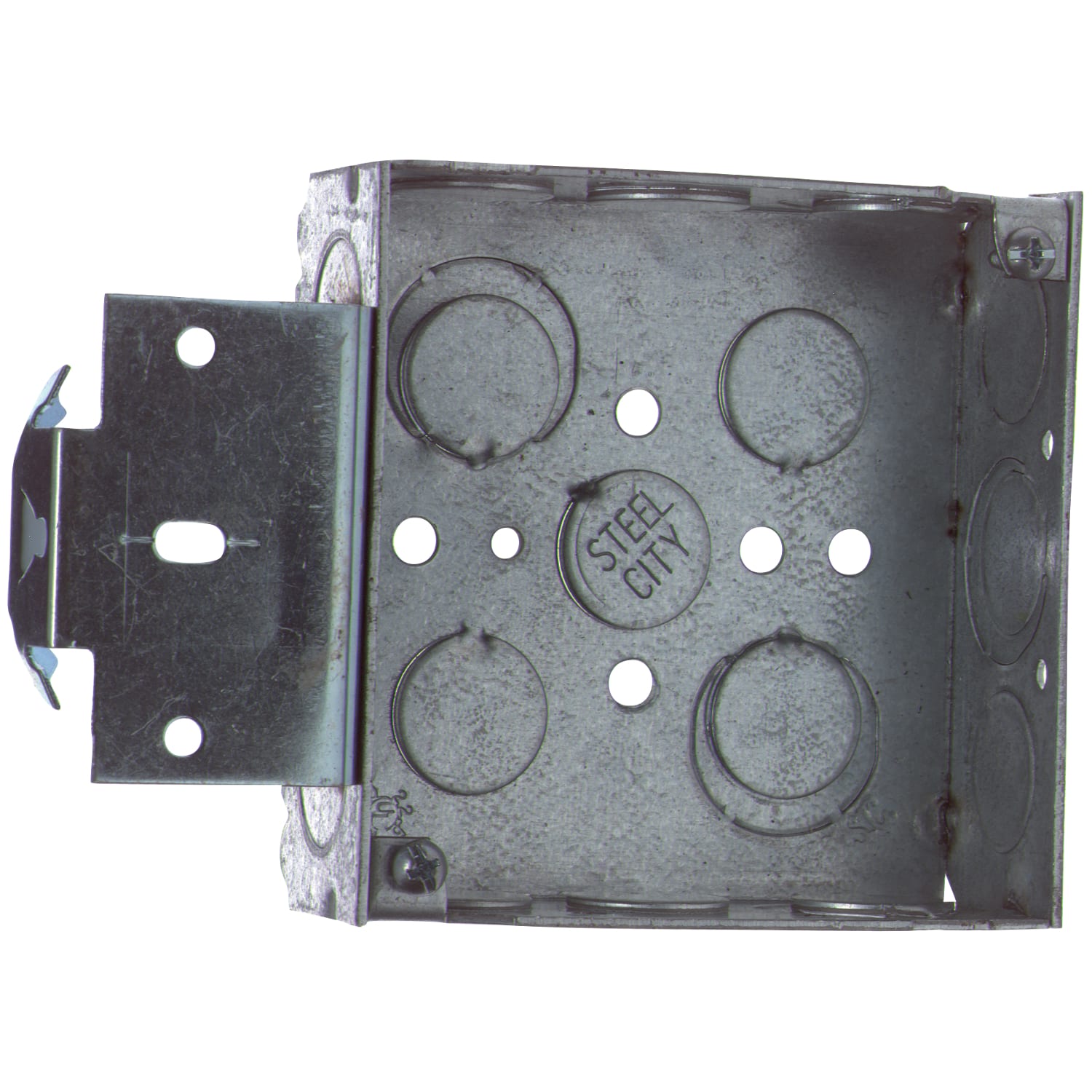 Thomas & Betts Co - Steel City 52151-MS-1/2-3/4 4 x 1-1/2 Inch Steel Square Box with 1/2 and 3/4 Inch Eccentric Knockouts and Bracket