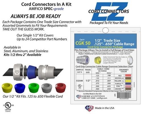 American Fittings - American Fittings CG50K 1/2" Straight Cord Grip Connector Kit, Range .125-.650, Color Coded Grommets, 7/16" Thread Length, Steel (USA)