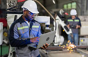 Man walking through industrial facility on laptop
